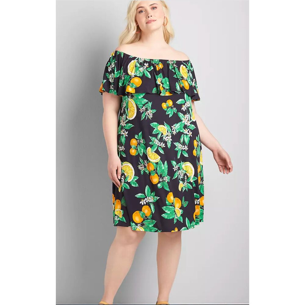 Lane Bryant Convertible Off-The-Shoulder A-Line Dress Sz 22/24 Navy Lemon Print
